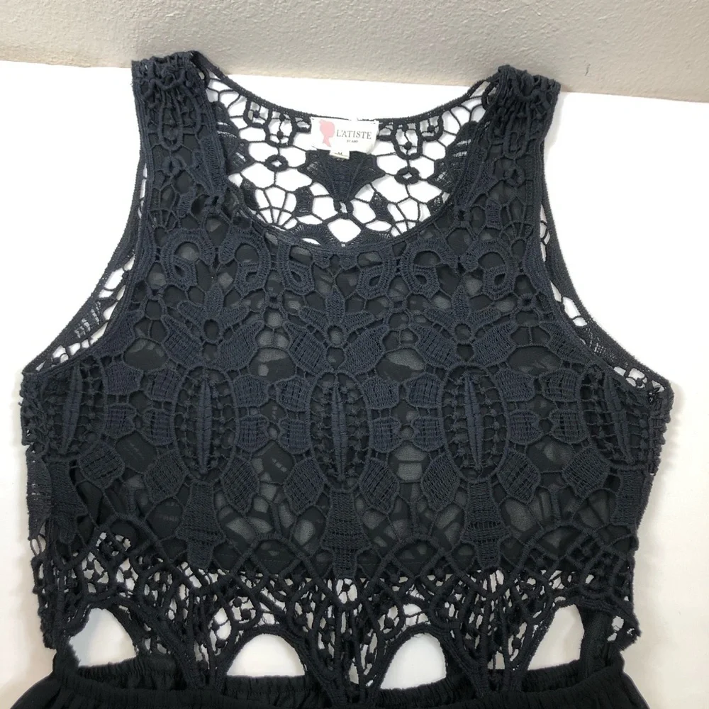 L’ATISTE BY AMY Black Crochet Sheer Side zíper Elastic Waist Maxi Dress Size M - Picture 13 of 16